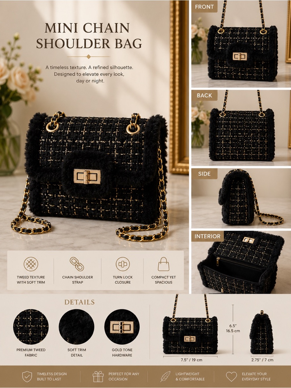 Mini Chain Shoulder Bag - Black Tweed with Gold Hardware